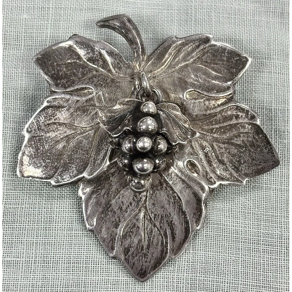 Vintage COF 830 Silver Grape Leaf Brooch Large Scandinavian Leaf Pin